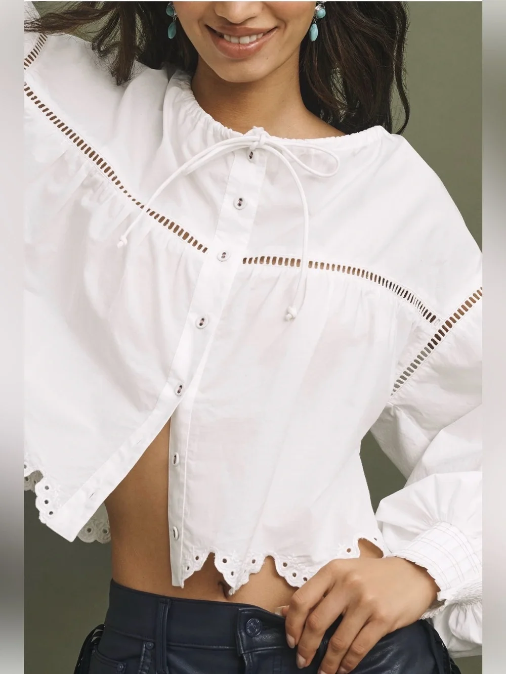 New with Tags Anthropologie Long Sleeve Scallop Trim Blouse Sz S